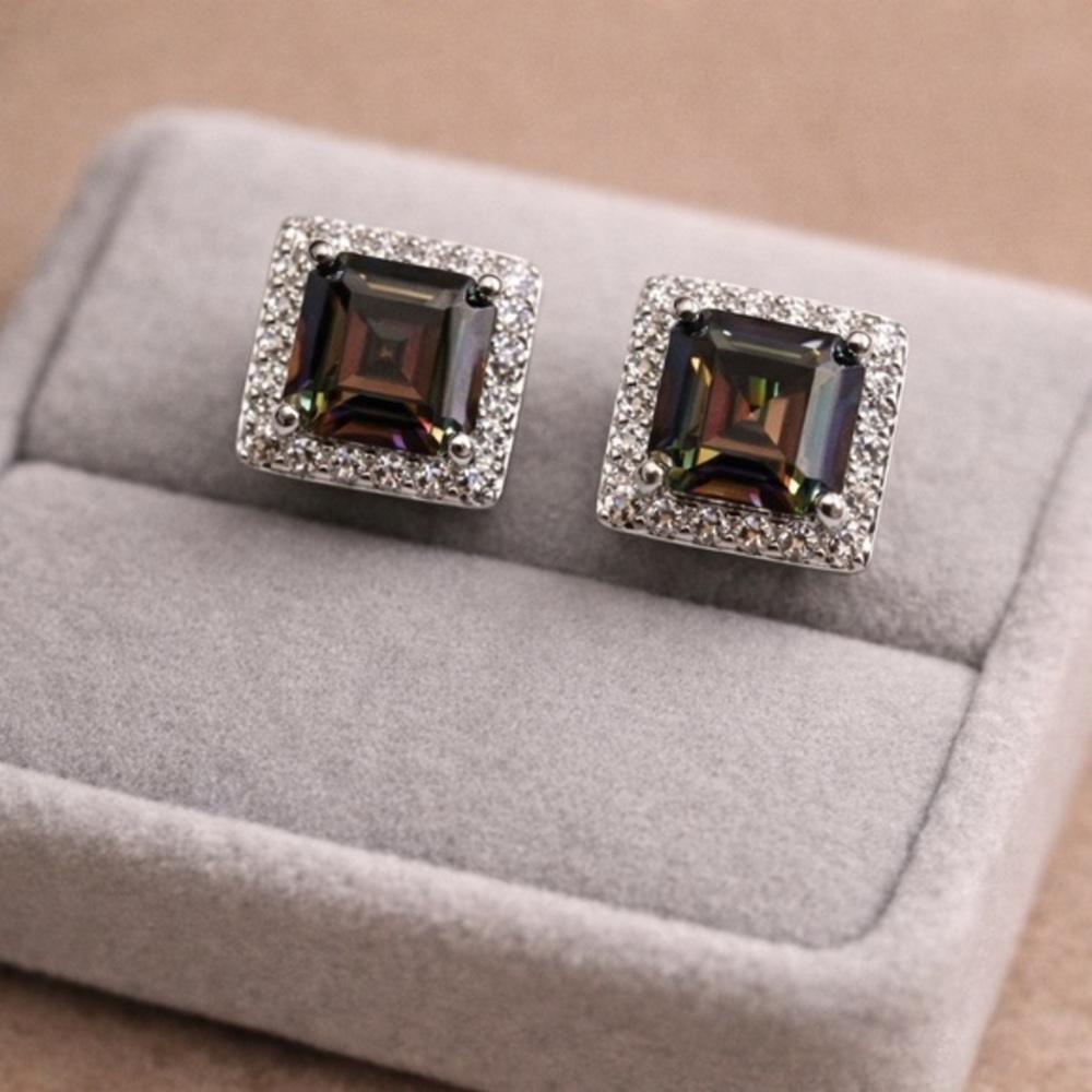 Mystic Topaz CZ Assher-cut Square Halo | 925 Silver Butterfly Post Back NWT #468